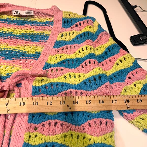 Zara Pastel Striped Openwork Knitted Cardigan Sweater Size Medium - Picture 5 of 6